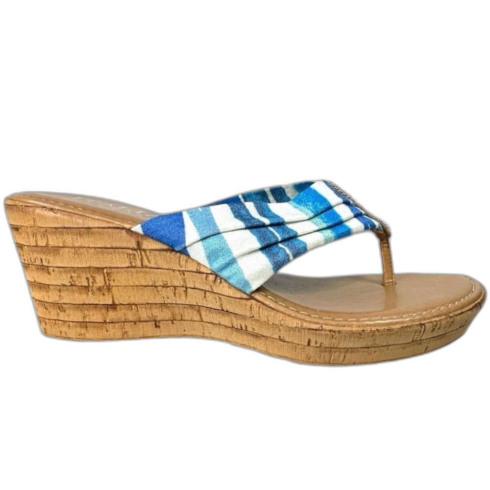 Rhinestone Embellished Platform Wedge Thong Sandals Blue White Stripe Size 6.5W